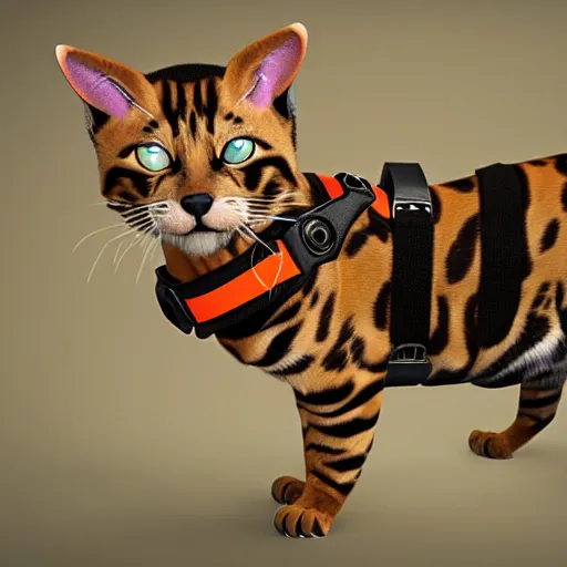 Prompt: a bengal cat with a weapons harness, unreal engine, highly detailed, artstation, elegant