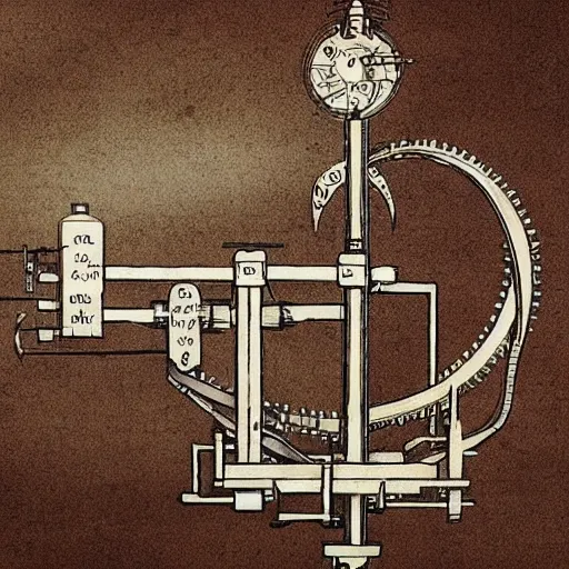 Image similar to schematic of a steampunk physics apparatus, by Leonardo Da Vinci