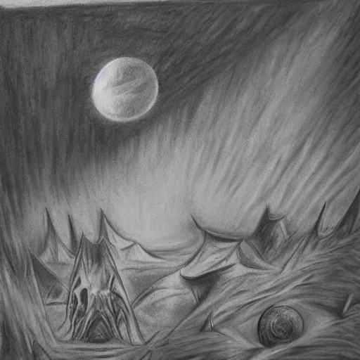 Image similar to surrealism charcoal drawing of the end of the world., horror,
