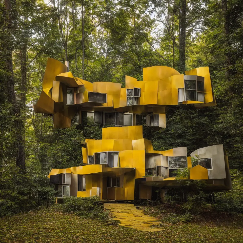 Image similar to architecture ad for a small flat mid-century modern house in the forest, designed by Frank Gehry. Big Tiles. Film grain, cinematic, yellow hue