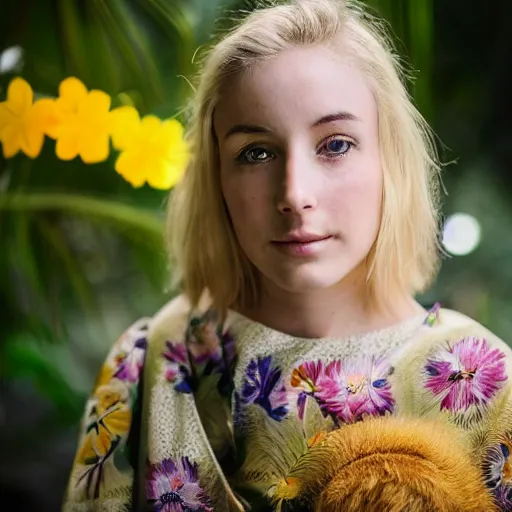 Image similar to petzval lens. shallow depth of field. head and shoulders portrait photograph of an extremely beautiful!!!! young blonde female. symetric face. round detailed eyes. with a very detailed barn owl! on her shoulder. wearing a yellow kimono!!.. in a tropical greenhouse. featured on flickr, art photography, photo taken with provia,