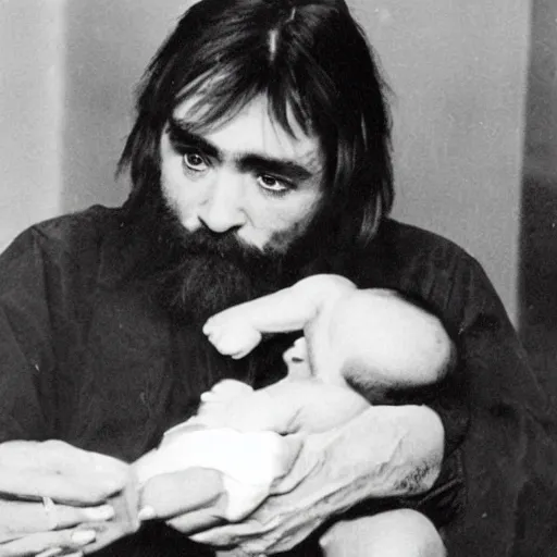 Image similar to charles manson with a baby body riding a flying fish