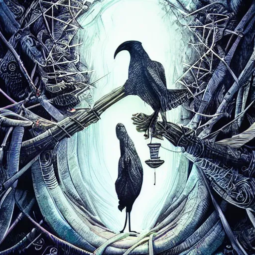 Image similar to white crow bringing rabbit leg to a witch by Android Jones and M. C. Escher collaboration, futurist, digital art, dramatic lighting