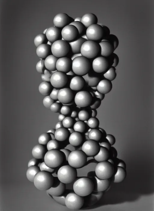 Image similar to realistic object photo of sculpture molecule model made of eyeballs, readymade, dadaism, fluxus, man ray 1 9 9 0, life magazine photo