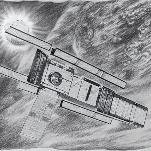 Image similar to a highly detailed graphite sketch of the international space station, with the sun reflecting off of it's windows, various refining methods