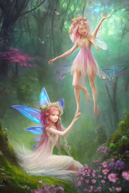 Image similar to a cute and geogerous fairy in the dreamy forest, fantasy, dreamlike, 8 k resolution, hyper detailed, d & d, character design, digital painting, trending on artstation, sharp focus, illustration, art by viktoria gavrilenko, hoang lap, fuji choko, steve zheng,