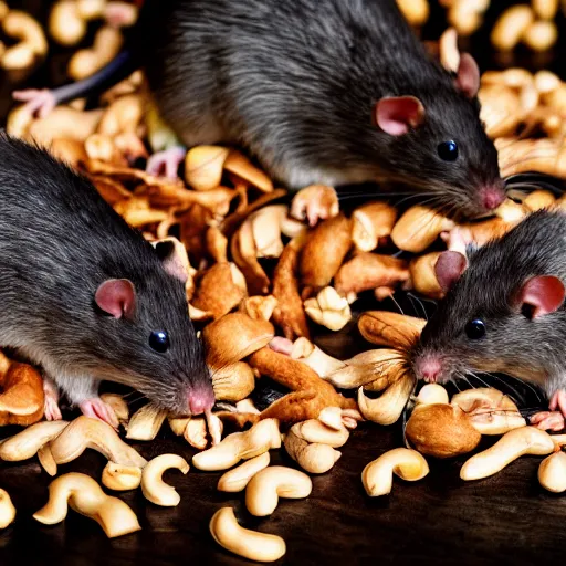 Image similar to a group of rats eating from a spilled bucket of peanuts, close up, dslr photography