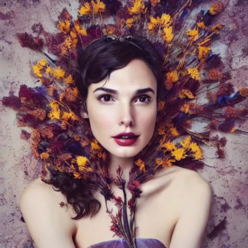 Prompt: fine art photo of the beauty gal gadot, she has a crown and a dress made of dried flowers done by oleg oprisco