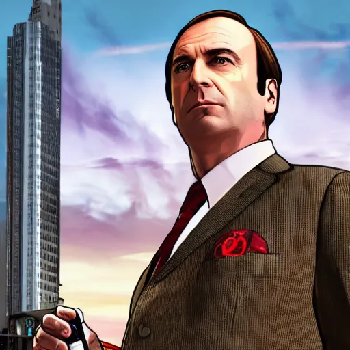 Prompt: Saul Goodman from Better Call Saul as a GTA character portrait, Grand Theft Auto, GTA cover art