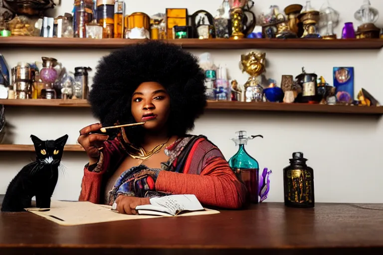 Image similar to 2 0 2 2 photo, close up portrait, dramatic lighting, concentration, calm confident african american teen witch and her cat, tarot cards displayed on the table in front of her, sage smoke, magic wand, a witch hat and cape, apothecary shelves in the background, alphonse mucha