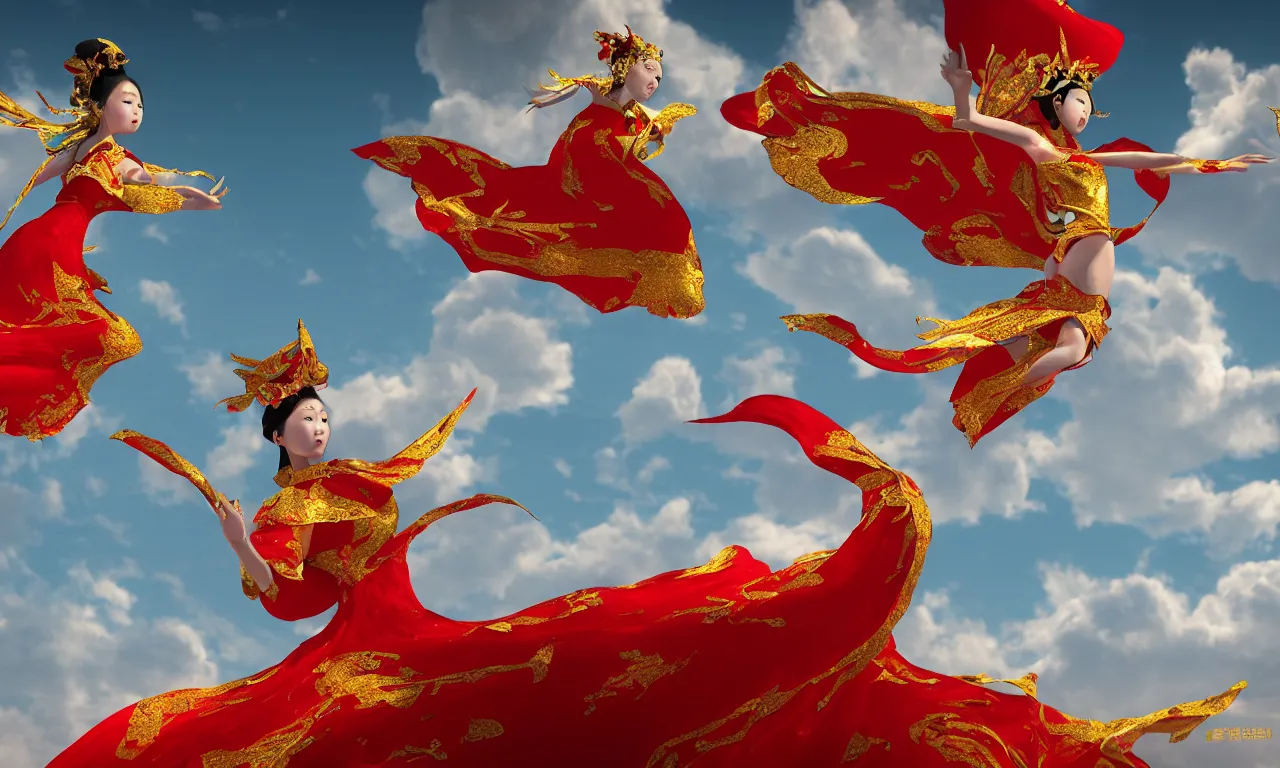 Image similar to chinese princess, dance, fairy, beautiful, stunning, red and gold dress, spinning in the sky, unreal engine, concept art, photo realism, film, james jean, akira, satochi con, character design, void arcanist, mist, photorealistic, octane render, unreal engine, hyper detailed, volumetric lighting, 8 k