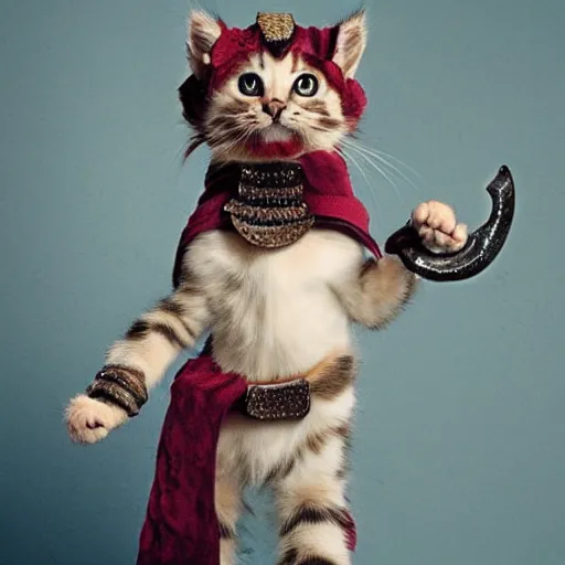 Prompt: kitten dressed as a gladiator, picture, cute, fierce