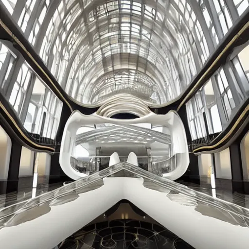 Image similar to extremely detailed ornate stunning beautiful elegant futuristic museum lobby interior by Zaha Hadid