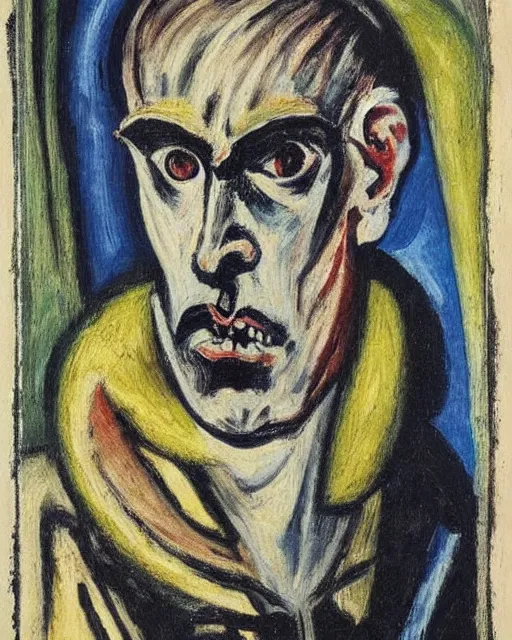 Image similar to Max Beckmann. El Greco. Van Gogh. Oil on canvas. Portrait of a demon.