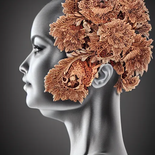 Image similar to beatifull frontal face portrait of a woman, 150 mm, anatomical, flesh, flowers, mandelbrot fractal, veins, arteries, symmetric, intricate, golden ratio, full frame, microscopic, elegant, highly detailed, ornate, ornament, sculpture, elegant , luxury, beautifully lit, ray trace, octane render in the style of peter Gric , alex grey and Romero Ressendi