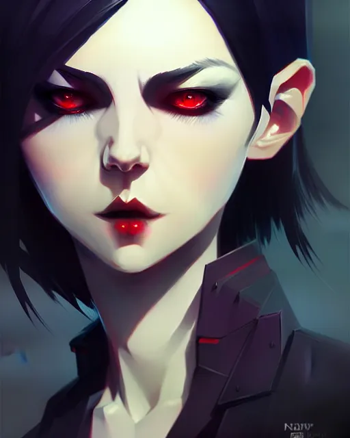 Image similar to sharp hq rendering, dark vampire, character portrait, concept art, painterly, fanart, highly detailed in the style of wlop by ilya kuvshinov, wenjun lin, angular asymmetrical design