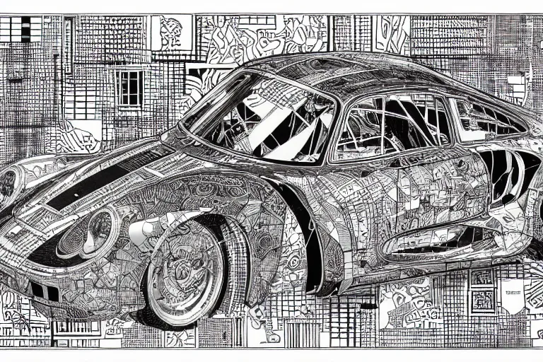 Image similar to a black and white drawing of a porsche 9 5 9 deconstructed schematic, a detailed mixed media collage by hiroki tsukuda and eduardo paolozzi and moebius, intricate linework, sketchbook psychedelic doodle comic drawing, geometric, street art, polycount, deconstructivism, matte drawing, academic art, constructivism