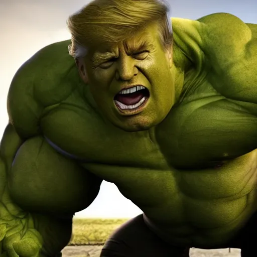 Prompt: Donald Trump with The Incredible Hulks body, realistic artstyle, wide shot, dramatic lighting, octane render, hyperrealistic, high quality, highly detailed, HD, beautiful, cinematic, 8k, unreal engine, facial accuracy, symmetrical