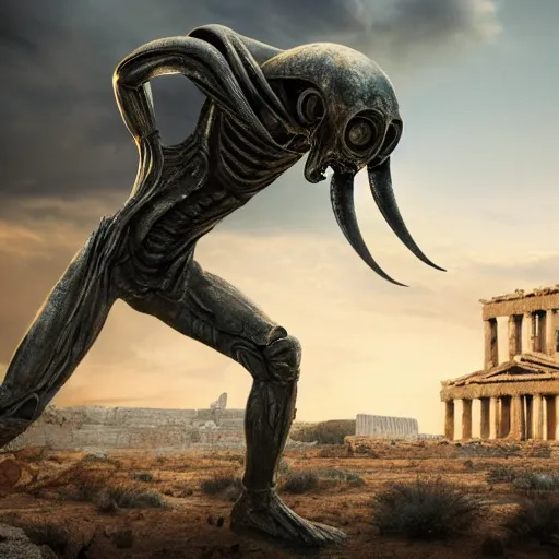 Image similar to movie still, movie about an alien invasion Ancient Athens, UFOs, portrait, intricate, 8k highly professionally detailed, HDR, CGsociety