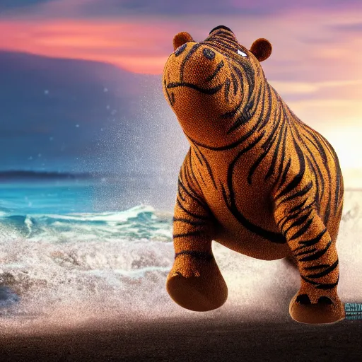 Image similar to a closeup photorealistic photograph of a cute smiling knitted tiger hippopotamus chasing a beachball at sunset. surf in the background. professional capture. this 4 k hd image is trending on artstation, featured on behance, well - rendered, extra crisp, features intricate detail, epic composition and the style of unreal engine.