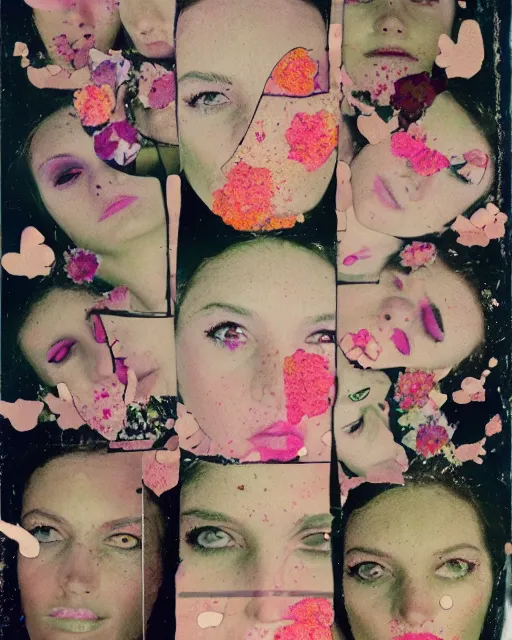 Prompt: different women's faces, cut and paste collage, glitched flowers, mutated color, ripple effect, 1 9 6 0 s elements, water stains, different emotions