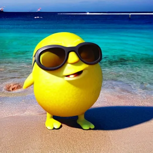 Prompt: a lemon character wearing sunglasses on the beach, pixar