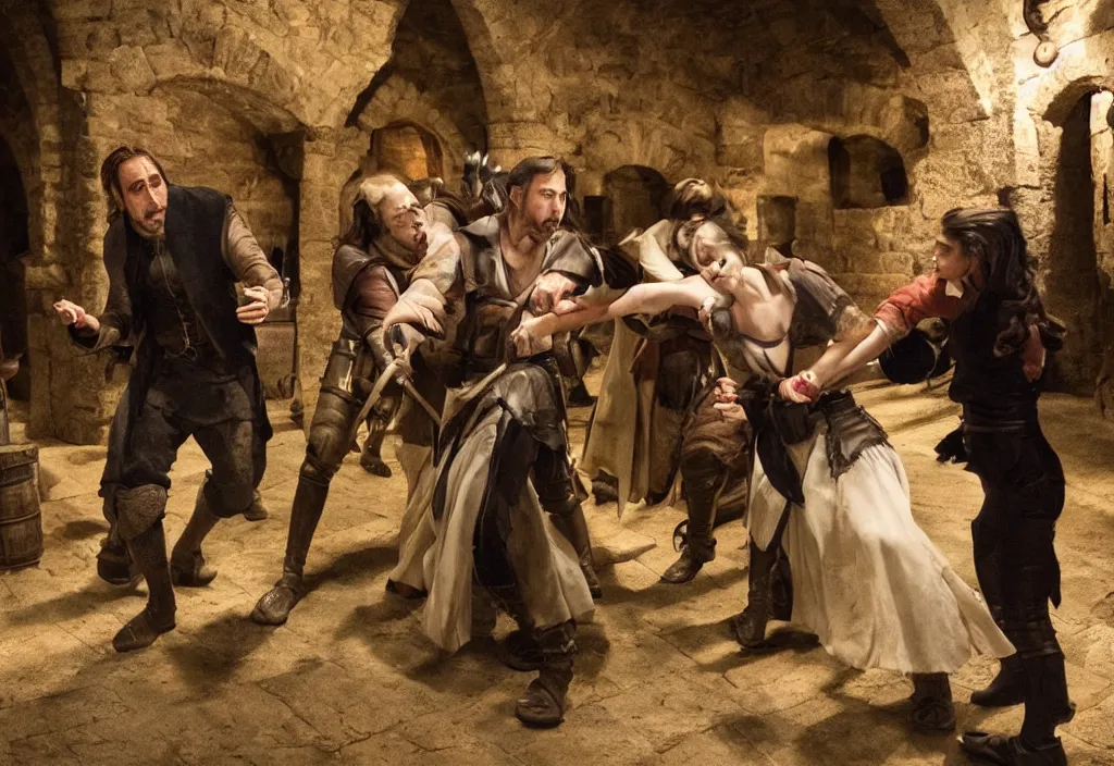 Image similar to photography crowd of emma watsons fight with nicholas cage in a medieval wine cellar detailed matte painting,