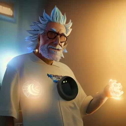 Image similar to portrait of old shaved rick sanchez, lab coat and tee shirt, lens flare, atmosphere, glow, detailed, intricate, full of colour, cinematic lighting, trending on artstation, 4 k, hyperrealistic, focused, extreme details, unreal engine 5, cinematic, masterpiece