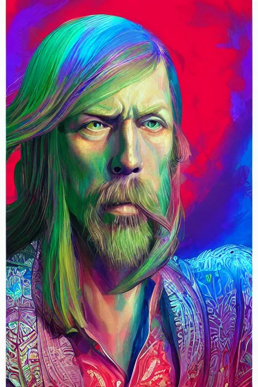 Image similar to a professional painting of Duane Allman, in brightly colored psychedelic shirt, long hair, beautiful bone structure, symmetrical facial features, intricate, elegant, digital painting, concept art, smooth, sharp focus, illustration, from StarCraft by Ruan Jia and Mandy Jurgens and Artgerm and William-Adolphe Bouguerea, epic, stunning, gorgeous, intricate detail, much wow, 4K, masterpiece, trending on artstation