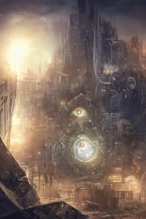 Prompt: biomechanical robot eye overlooking a desolate metropolis, fantasy, volumetric lighting, professional illustration