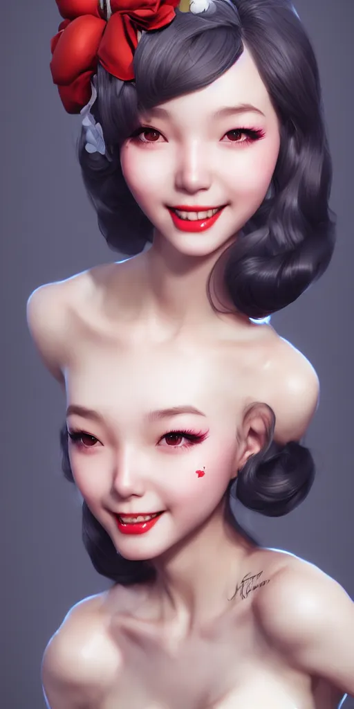 Image similar to a pin up girl, charming smile, beautiful and charming and fashion and dreamlke girl by artgerm lau, & jeehyung lee & wlop, hyperdetailed, 8 k realistic, symmetrical, frostbite 3 engine, cryengine, dof, trending on artstation, trending on deviantart