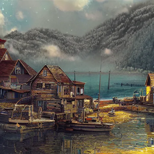 Prompt: a peaceful fishing village, digital painting, hyper detailed