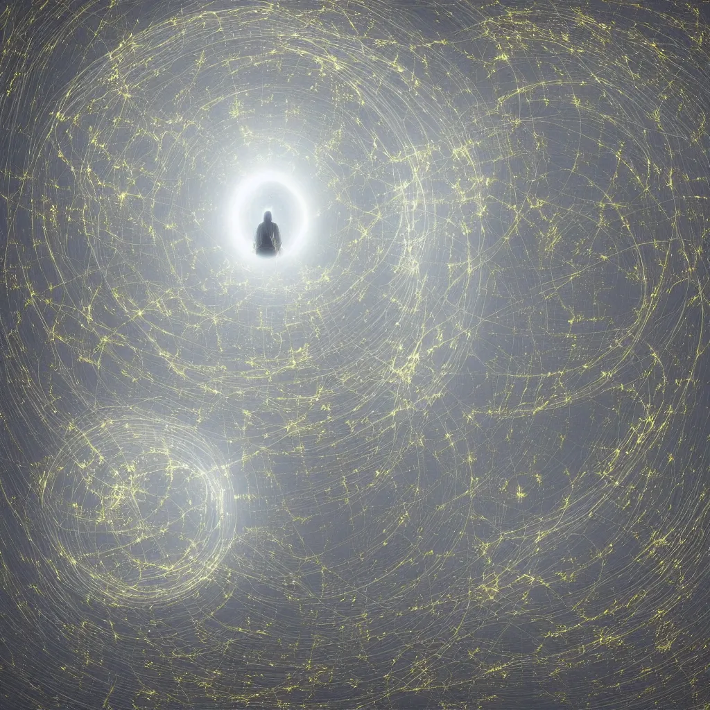 Image similar to “the last human being uploaded to the cloud sitting in a spherical white chamber with the surfaces glowing in gold with consciousness, highly detailed in 4K”