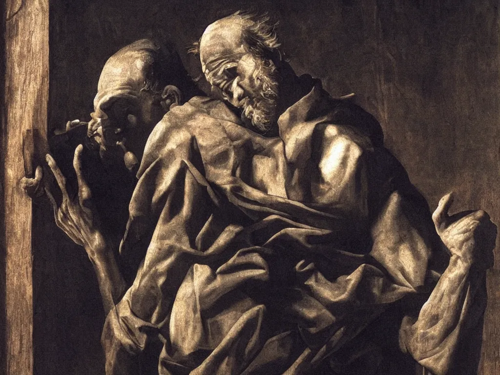 Image similar to Saint Peter in chains inside a prison cell, chiaroscuro, very detailed, oil painting by Caravaggio