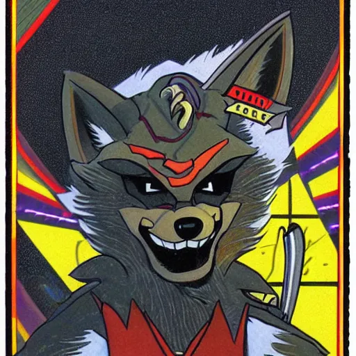 Image similar to 1 9 8 0 s video game art of anthropomorphic wolf o'donnell from starfox fursona furry wolf in a dark space mercenary uniform, looking heroic, magazine scan, 8 0 s game box art, dark grey wolf o'donnell