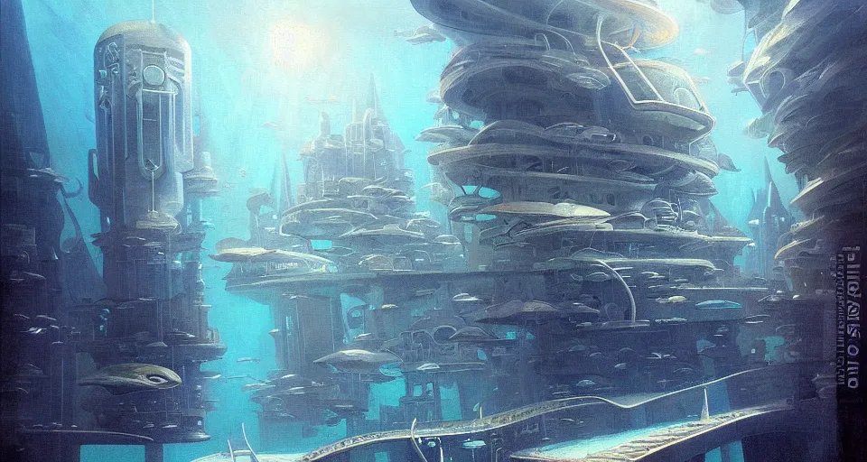 Prompt: painting of underwater city, with tall building under! water!, futuristic, by thomas kinkad
