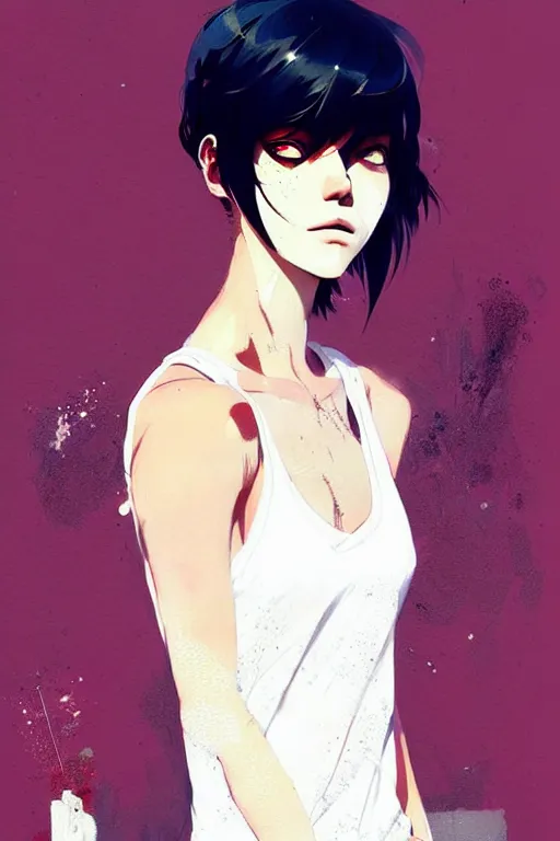 Image similar to a ultradetailed beautiful painting of a stylish woman with a white tank top, she has short black hair with bangs, by conrad roset, greg rutkowski and makoto shinkai trending on artstation