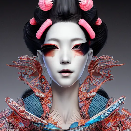 Prompt: the portrait of an absurdly beautiful, graceful, elegant, sophisticated, fashionable cyberpunk geisha gravure idol, an ultrafine hyperdetailed illustration by kim jung gi, irakli nadar, vania zouravliov, intricate linework, bright colors, porcelain skint, unreal engine 5 highly rendered, global illumination, radiant light, detailed and intricate environment