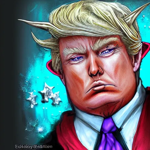 Image similar to fantasy elf wizard that looks like president donald trump, trending on art station