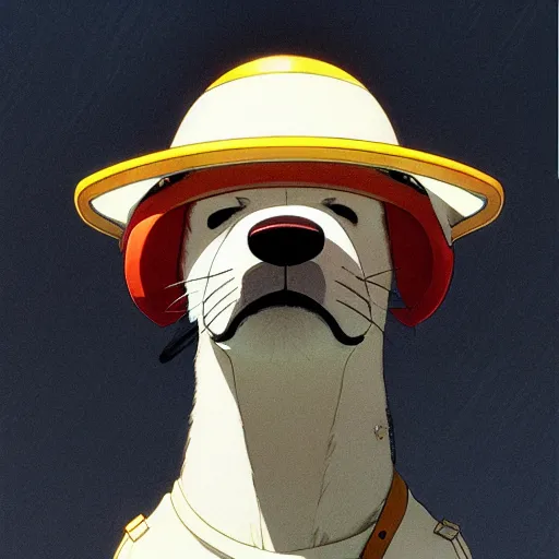 Image similar to dog as a mall cop, wearing a fun hat, makoto shinkai ghibli takashi takeuchi yoshiyuki sadamoto jamie wyeth james gilleard greg rutkowski chiho aoshima