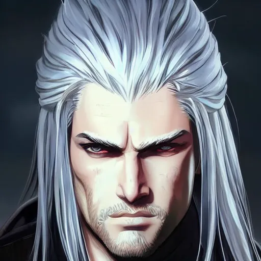 Image similar to well drawn animation portrait Anime geralt of rivia Sharp fine full body portrait , realistic shaded Perfect face, fine details. Anime. cyberpunk realistic shaded lighting by katsuhiro otomo ghost-in-the-shell, magali villeneuve, artgerm, rutkowski Jeremy Lipkin and Giuseppe Dangelico Pino and Michael Garmash and Rob Rey