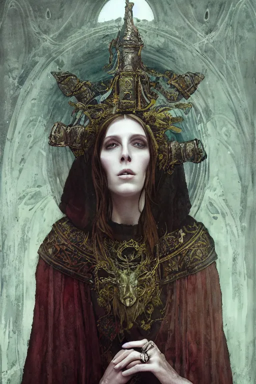 Prompt: portrait of a medieval priestess healthy - looking chelsea wolfe, goth punk, floral flowers, radiant colors, tarot, surreal, a flemish baroque by alexander mcqueen, art by john collier by greg rutkowski and craig mullins, oil on canvas