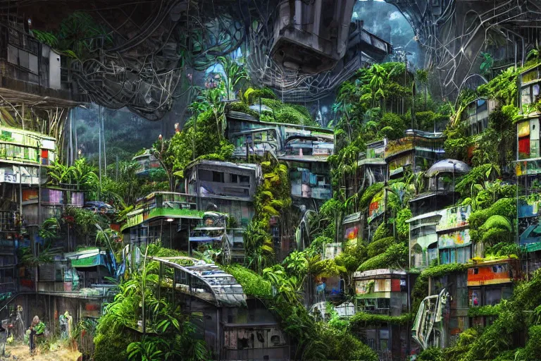 Image similar to favela winding cybernetic bunker, lush floral jungle environment, industrial factory, haunting, award winning art, epic dreamlike fantasy landscape, ultra realistic,