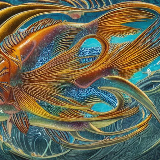 Prompt: fish swimming through a flooded under water city, surrealism, deep aesthetic, abstract realism, highly ornate intricate details, 1 9 2 0's colored pencil, 4 k, cinematic lighting,