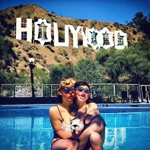 Image similar to “ possums in front of the hollywood sign next to a pool, sunny bright summertime, hollywood vibes ”