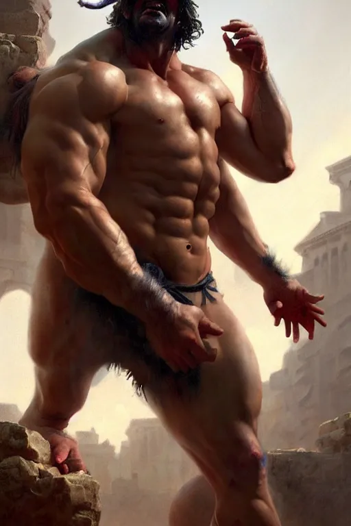 Prompt: Full View Portrait shirtless handsome beefy sweaty greek minotaur wearing trousers and suspenders, 4k digital masterpiece by Greg Rutkowski and Jenny Saville, fantasycore, Hyperdetailed, realistic oil on linen, Artstation