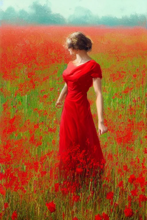 Prompt: a painting of a woman in a red dress standing in a field of red flowers by craig mullins, trending on artstation, color field, concept art, artstation hd, matte drawing
