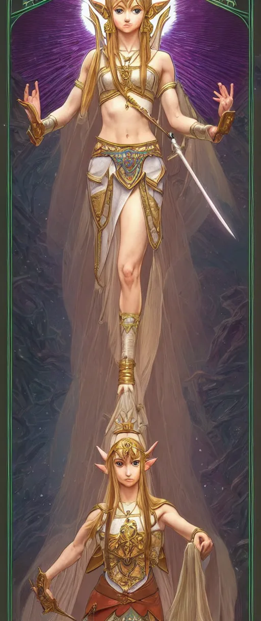 Image similar to perfectly detailed princess zelda esoteric tarot card!! blessed by nature with ever - increasing physical mental perfection, symmetrical! intricate, sensual features, highly detailed, biblical divine holy perfection!! digital painting, artstation, concept art, smooth, sharp focus, illustration, art by artgerm and greg rutkowski and alphonse mucha