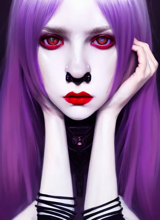 Image similar to portrait of white teenage girl, normal face, white bangs, mall goth, cyberlox, black and white hair, bangs, fluffy bangs, red contact lenses, purple lipstick, intricate, elegant, highly detailed, digital painting, artstation, concept art, sharp focus, smooth, illustration, art by wlop, mars ravelo and greg rutkowski