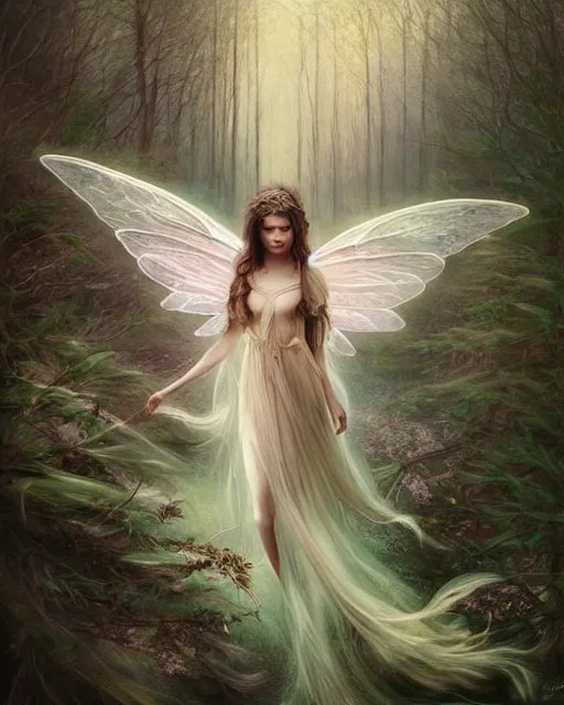 Prompt: beautiful forest fairy in a scenic woods, sweet, graceful wings muted colors, sharp focus, high fantasy art, fairy aesthetics, intricate, elegant, highly detailed, hyperrealistic painting, artstation, concept art, painterly, dreamy, soft illumination, hasselbrad photography, illustration, art by scot howden